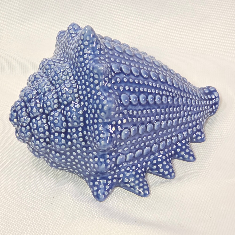 Blue Ceramic Conch Shell Sculpture Bumpy Coastal White Sands Decor 10" 2.5lb EUC